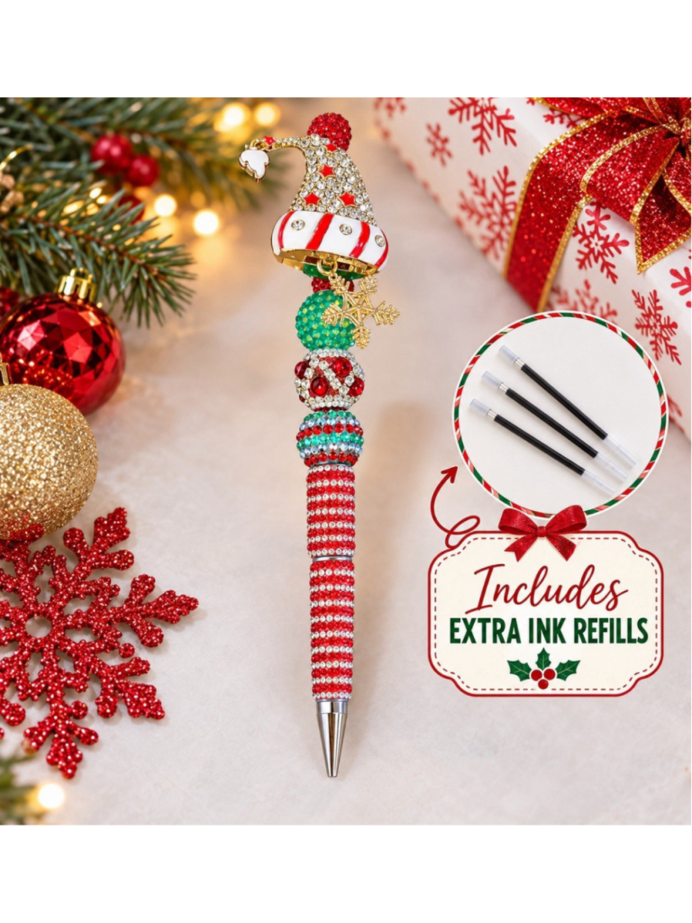 Handmade Christmas Beaded Pen Rhinestone Holiday Gift + Extra Ink Refills